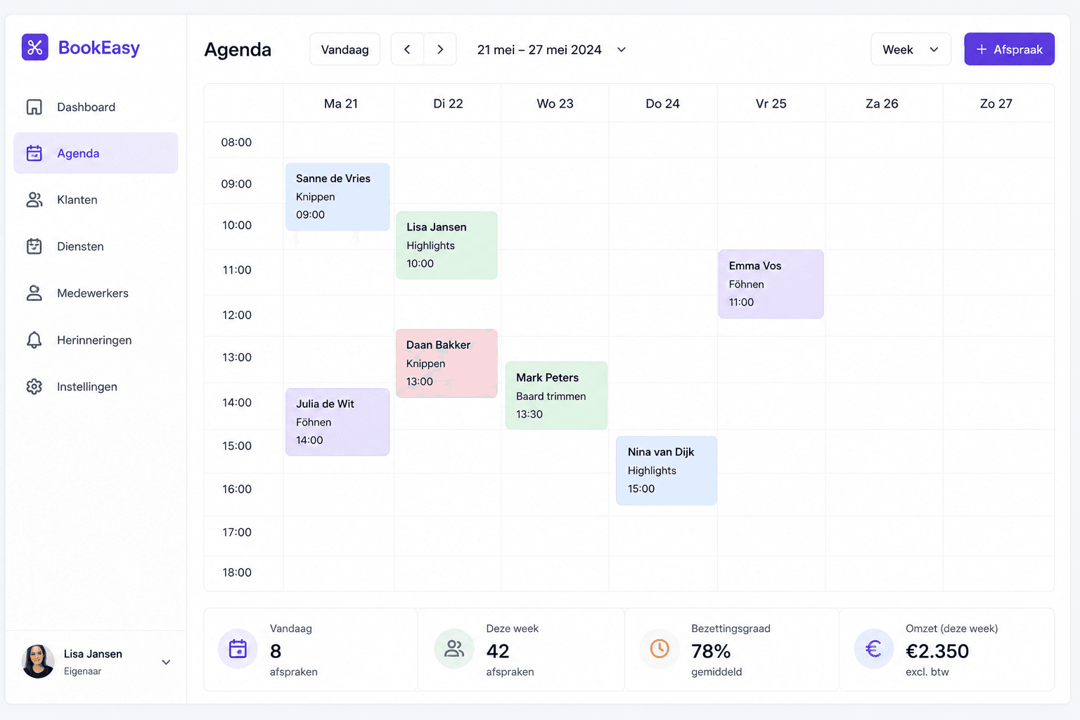 BookEasy boekingsplatform voor kapsalon met kalender, tijdsloten en online afspraakformulier