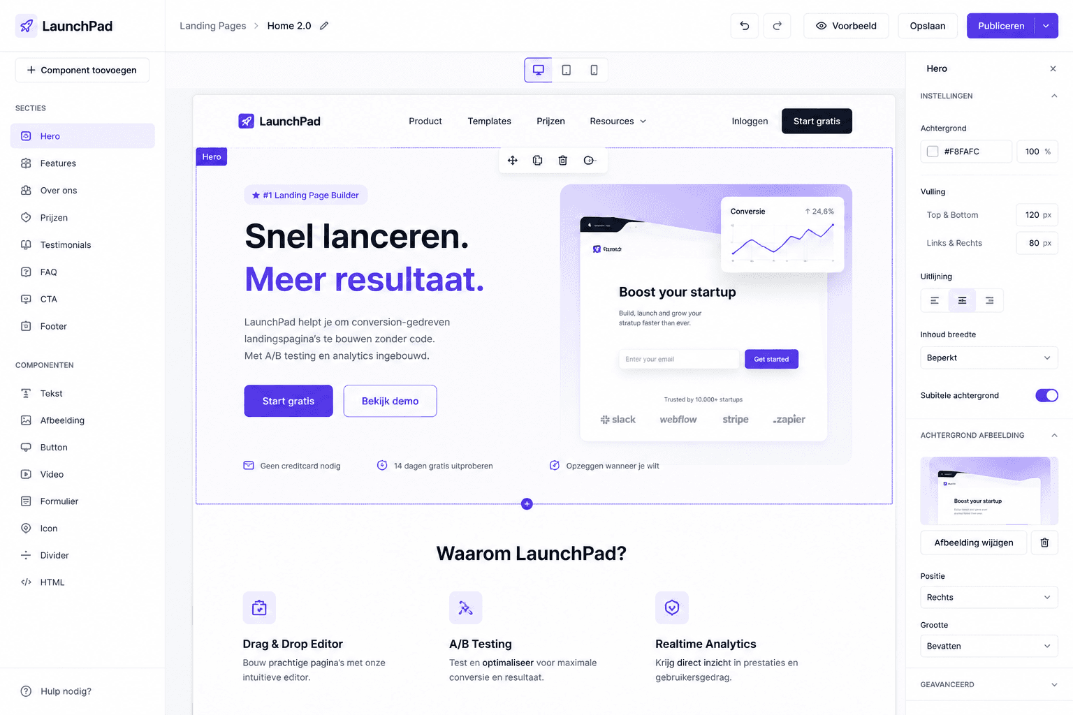 LaunchPad landing page builder met visuele editor, hero-secties en conversieblokken